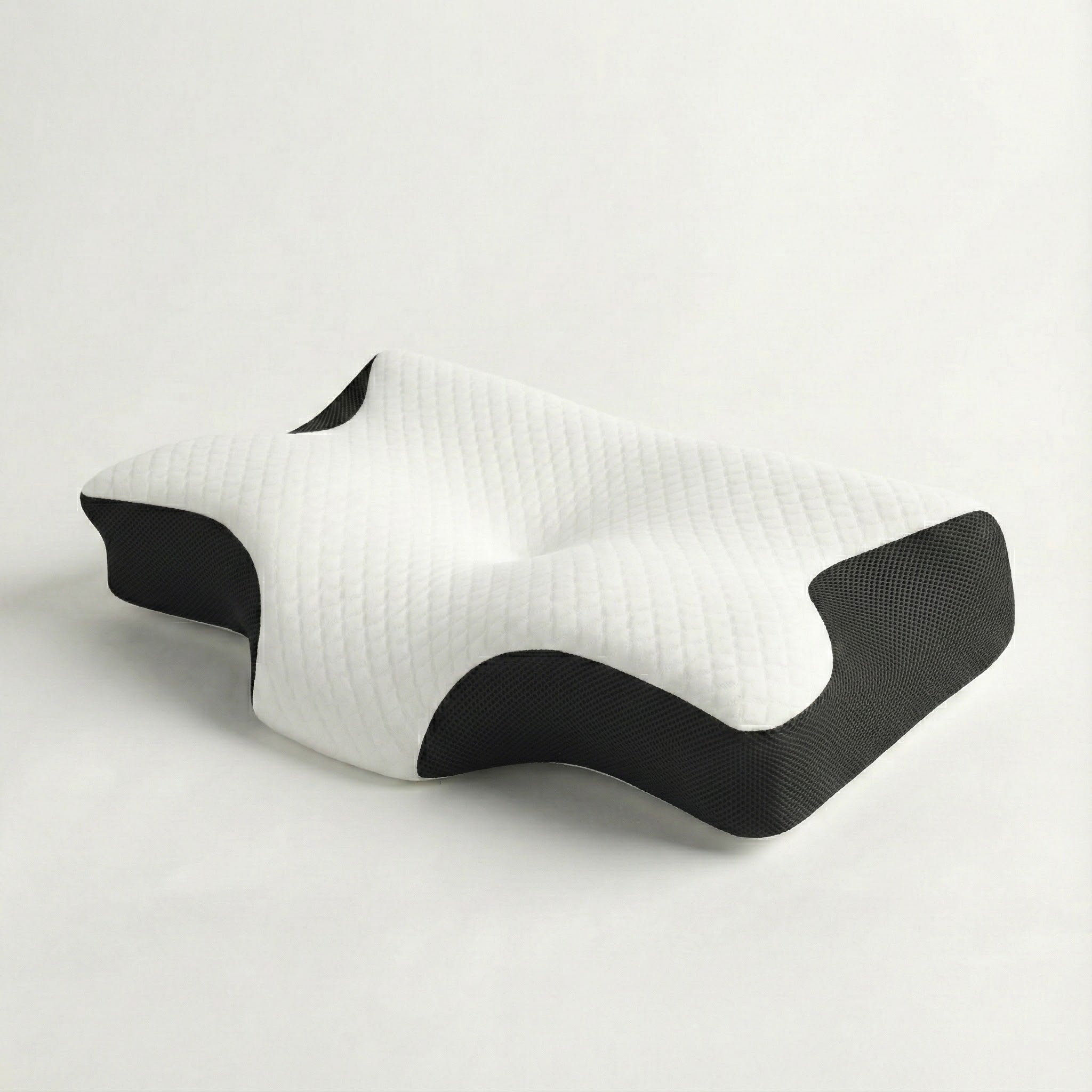 White and black shoe with a unique design on a light gray background