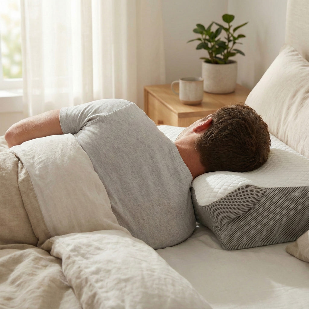 Person lying on a couch with a pillow, surrounded by a cozy bedroom setting.