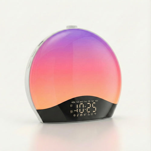 Round device with a colorful gradient display on a white background