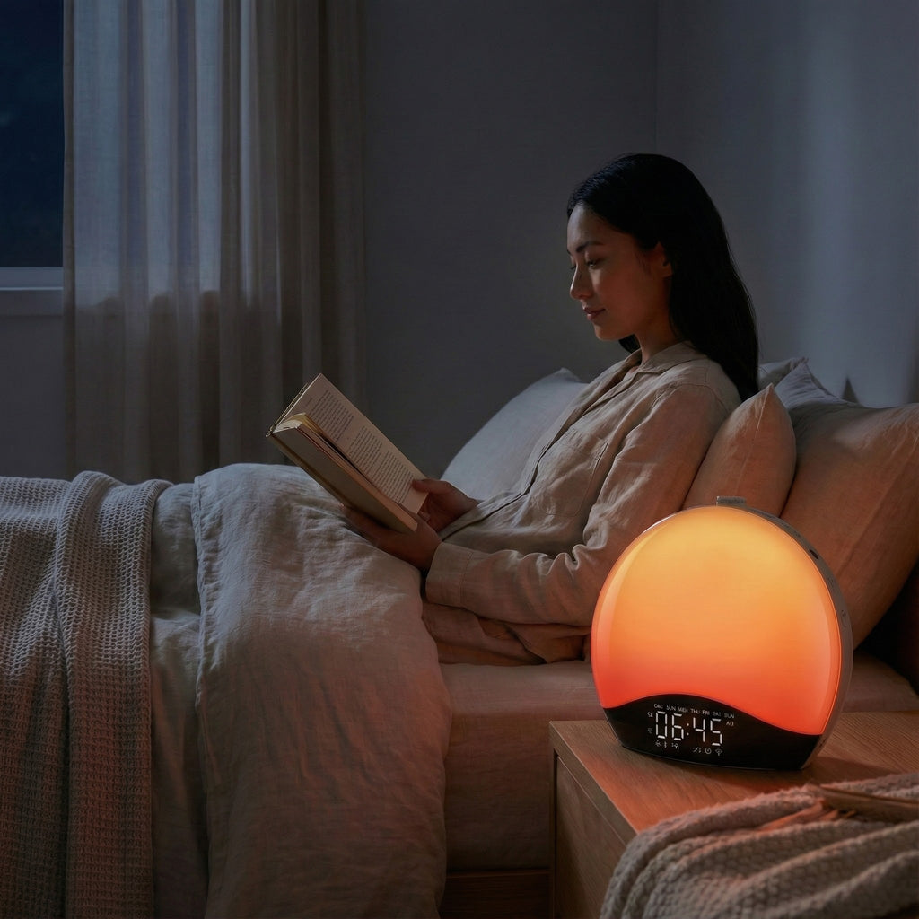 Woman reading a book in bed with a night light on a nightstand.