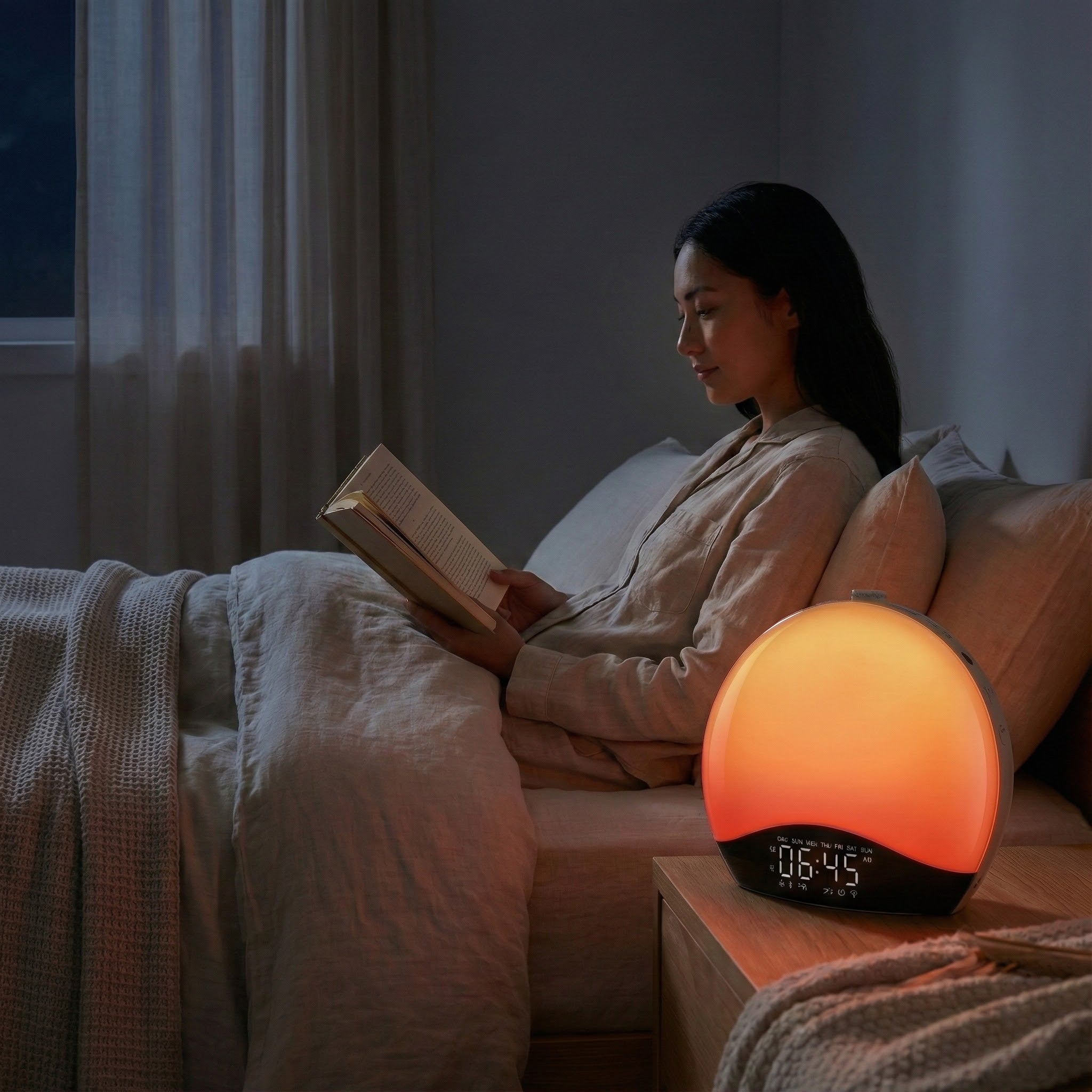 Woman reading a book in bed with a night light on a nightstand.