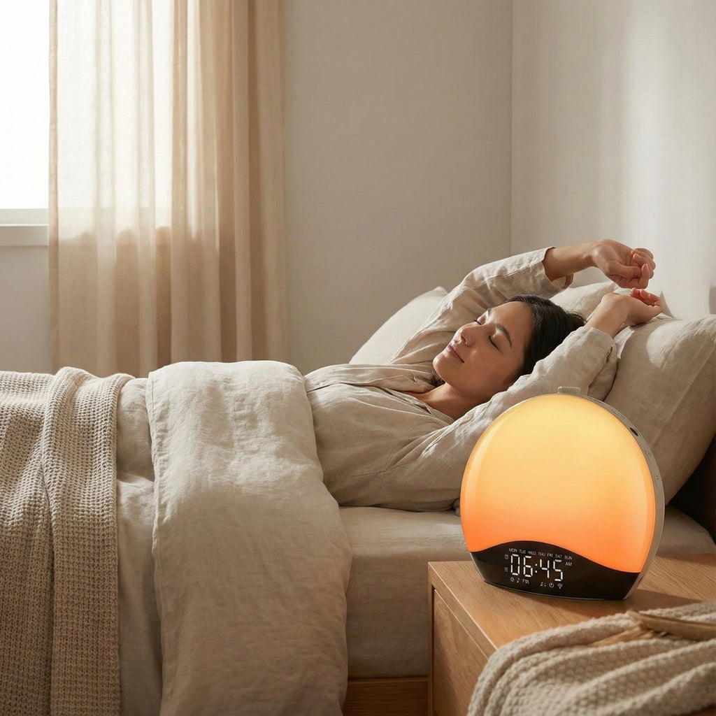 Woman waking up with a sunrise alarm clock in a bedroom.