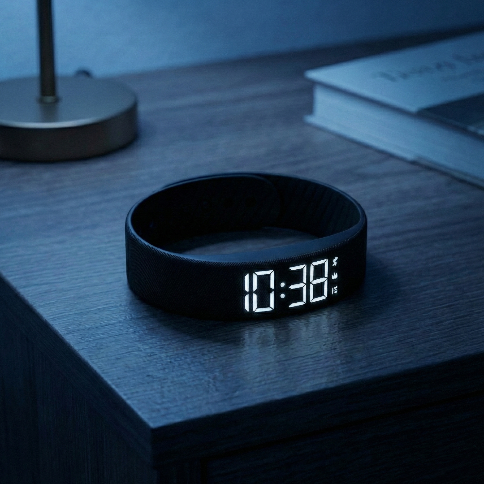 Black digital wristband displaying the time on a wooden surface with a blue hue.