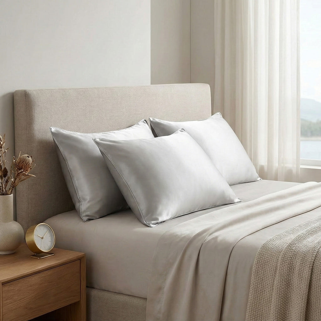 Neatly made bed with light-colored bedding and pillows in a bright bedroom.