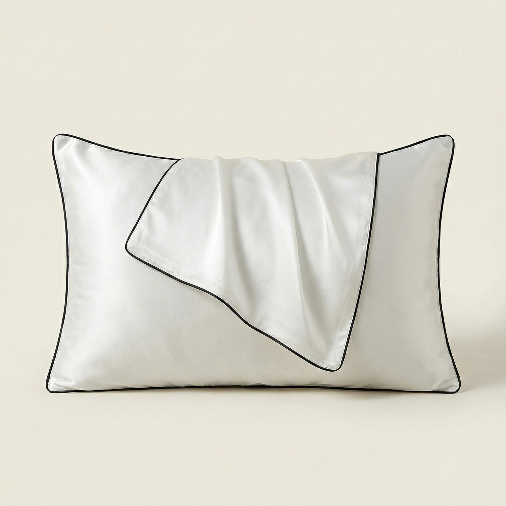 White satin pillow with black piping on a beige background