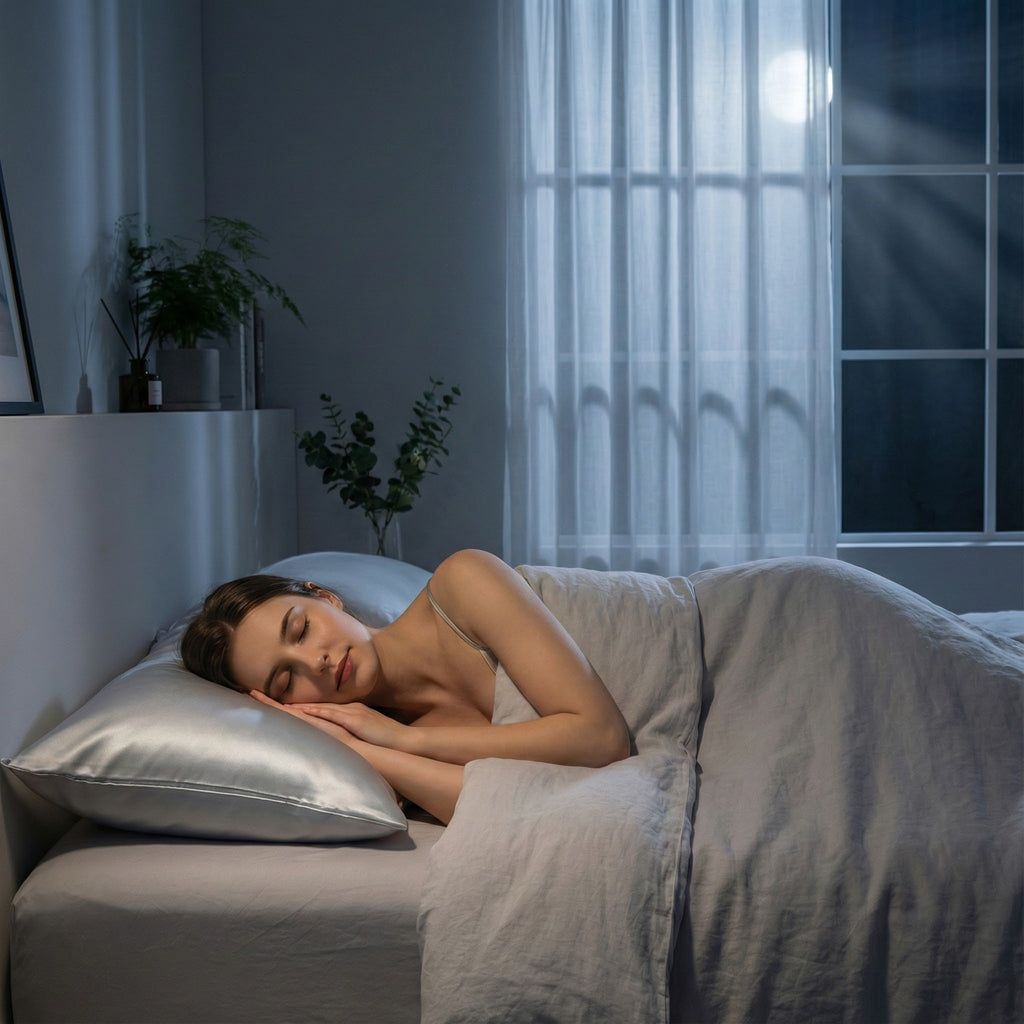 Woman sleeping peacefully in a bedroom with soft lighting