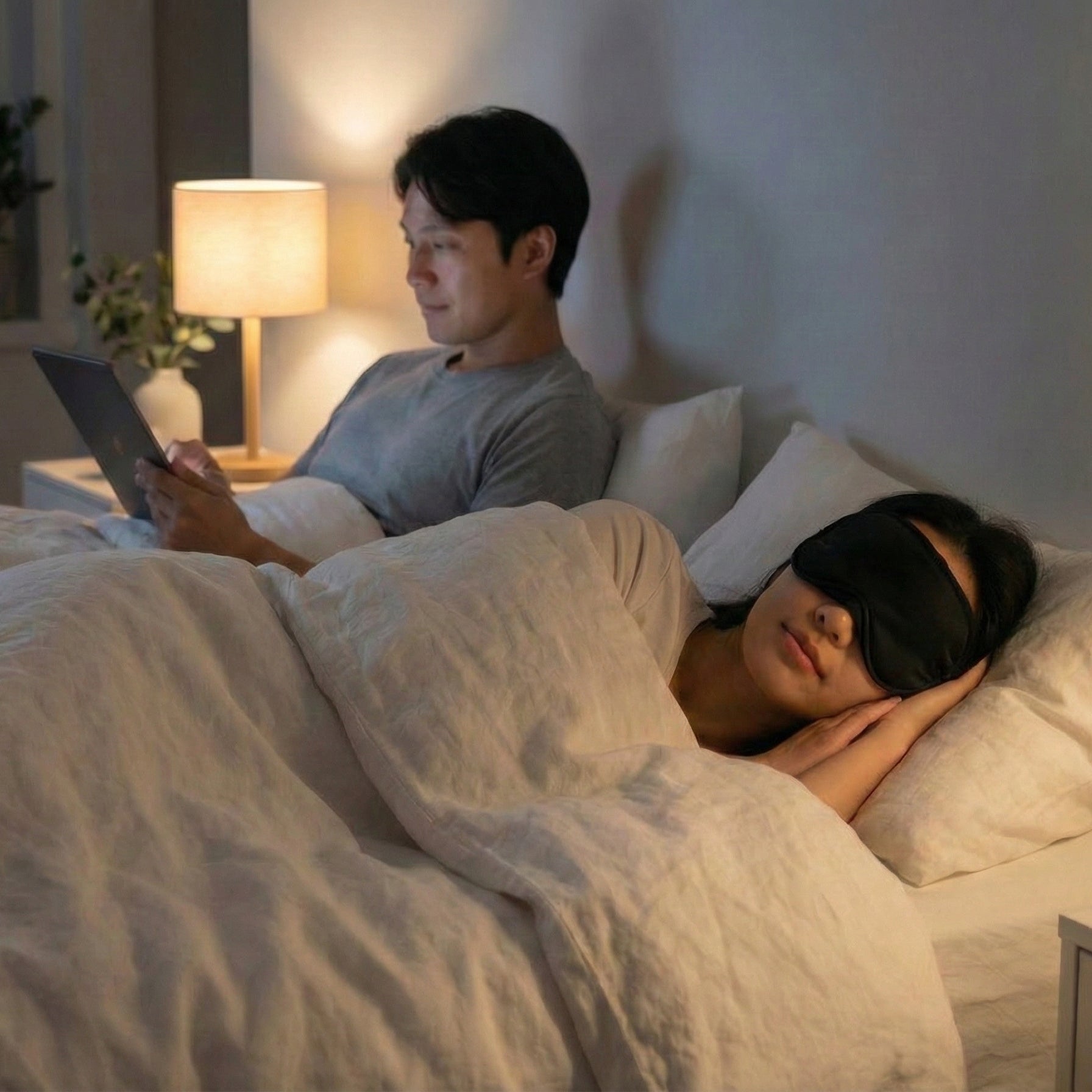 Two people lying in bed, one using a tablet, in a dimly lit bedroom.