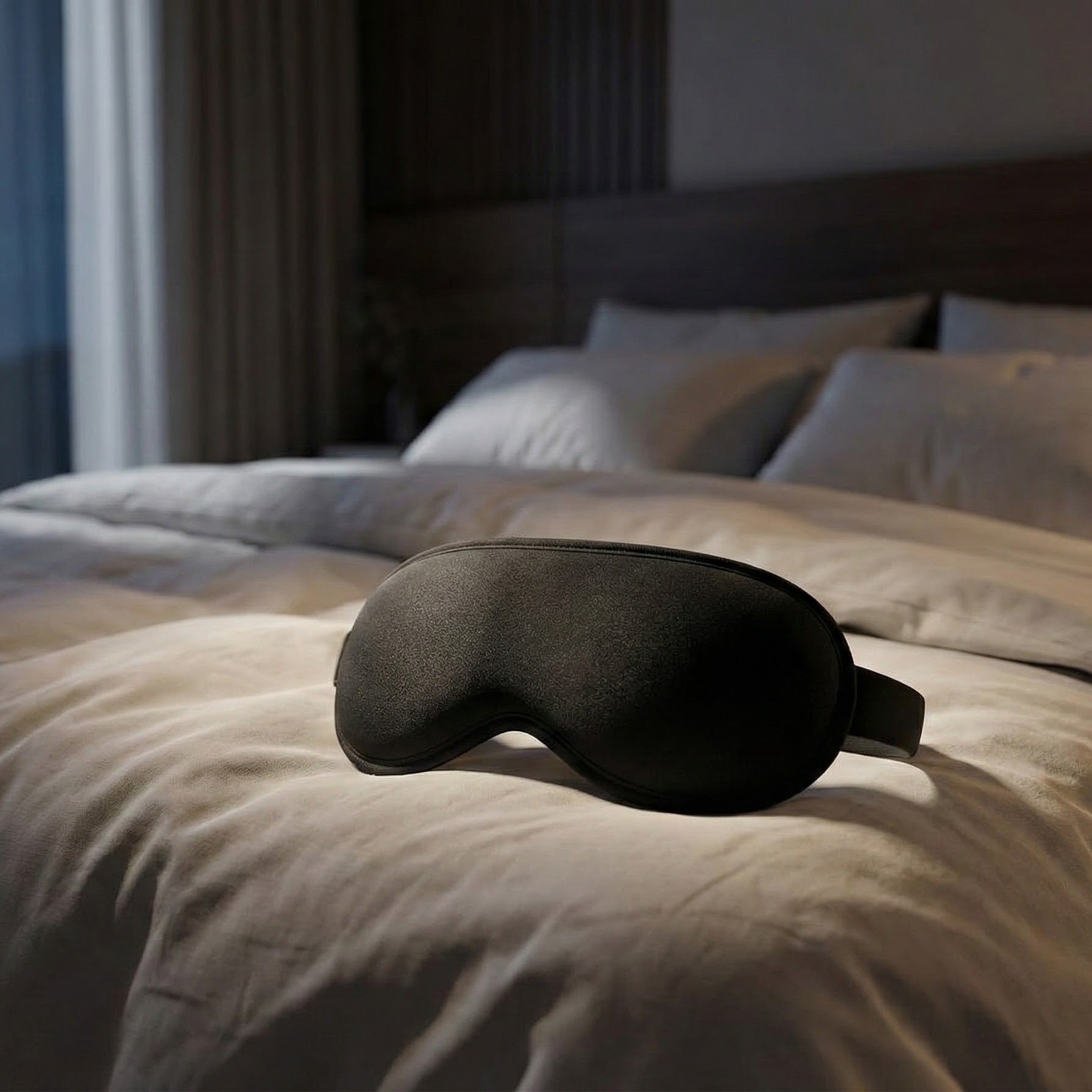 Black sleep mask on a bed in a bedroom setting