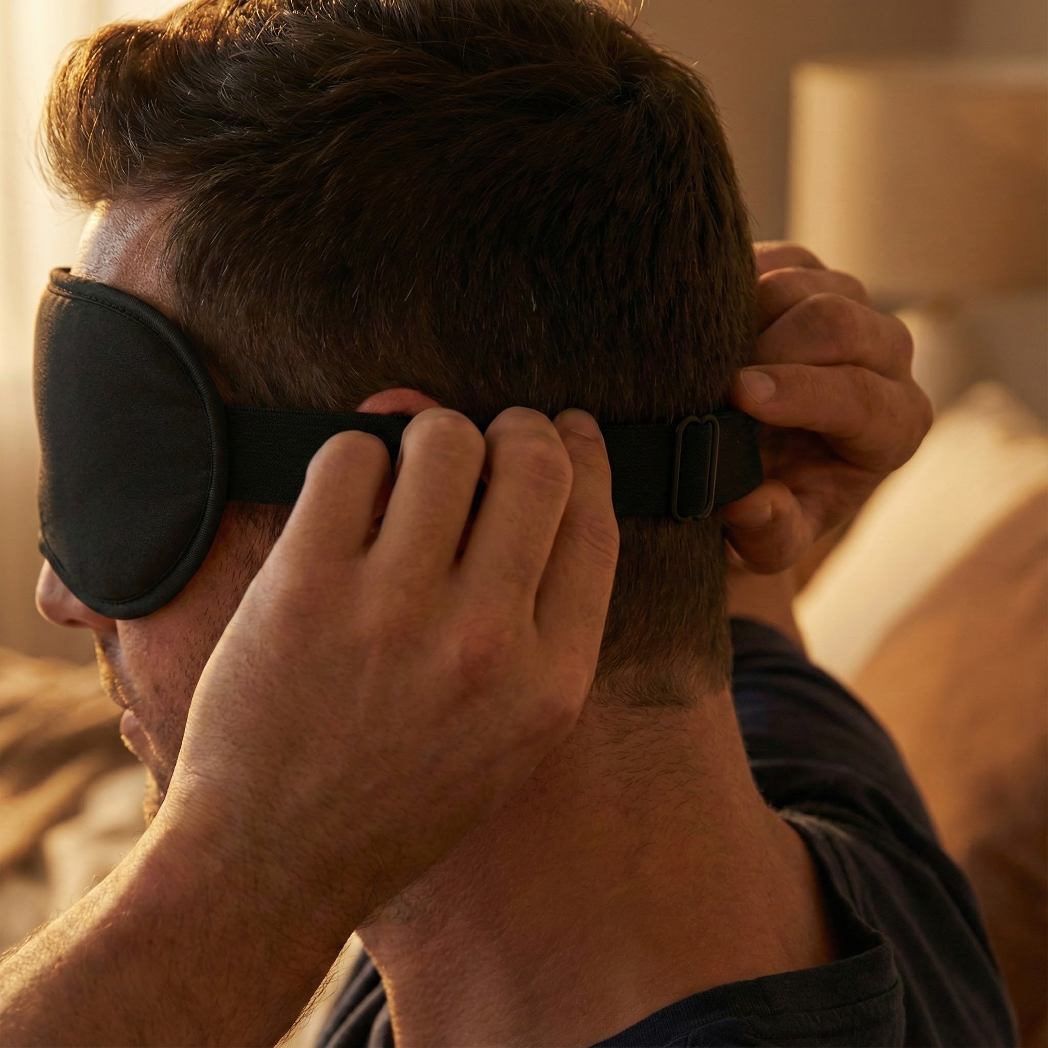 Man adjusting a black sleep mask over his eyes in a warm-toned room.