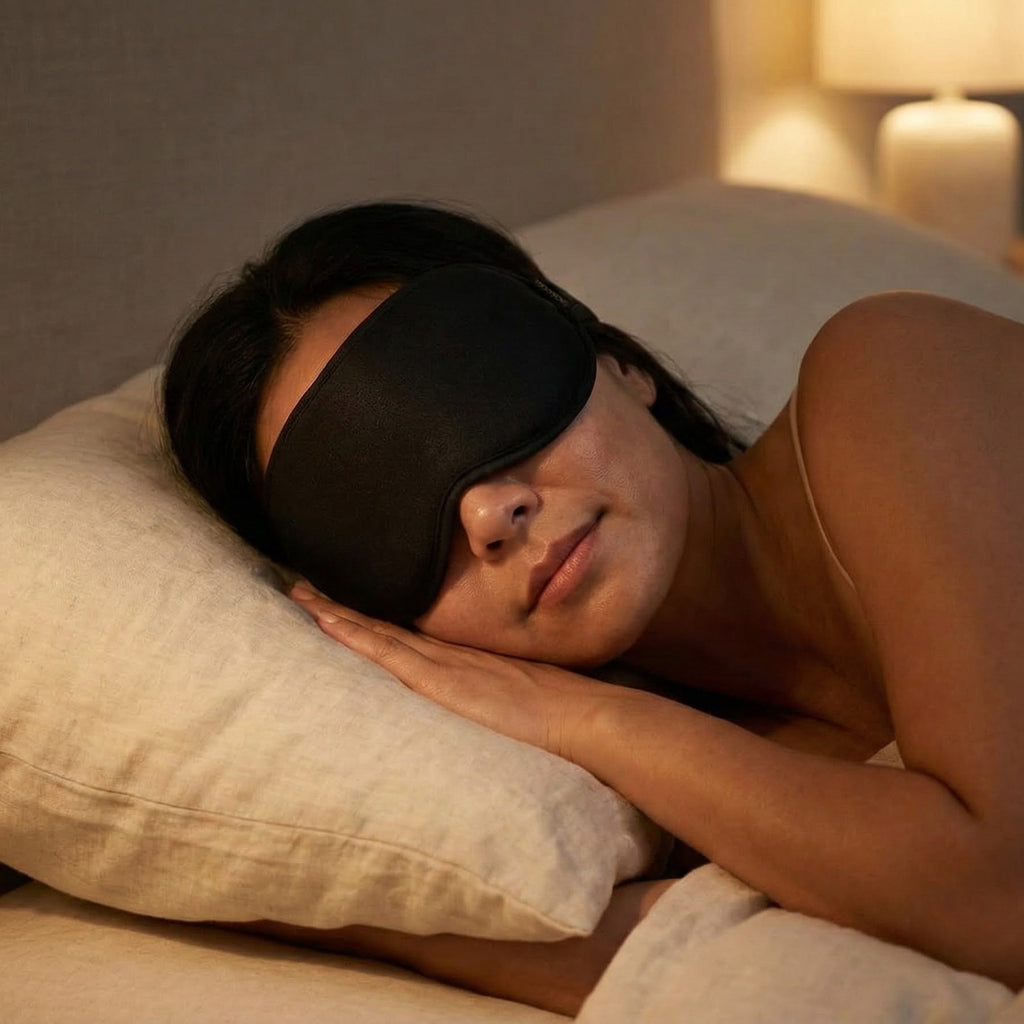 Woman sleeping with a sleep mask on in a dimly lit bedroom.