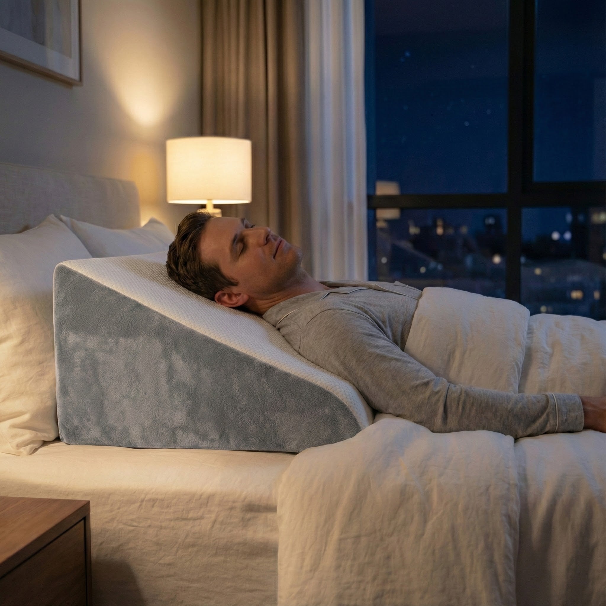 Man lying on a wedge pillow in a bedroom with a cityscape view.