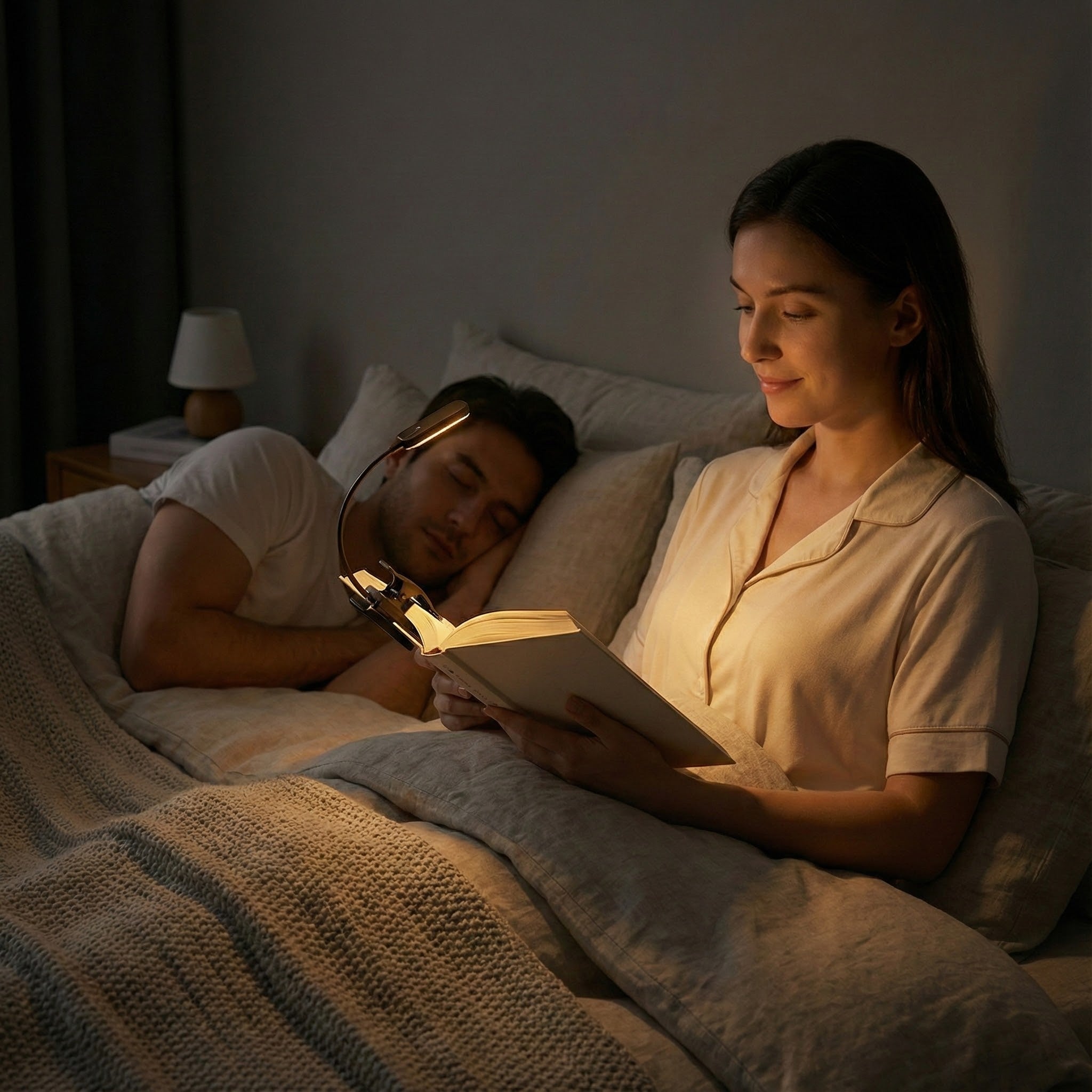 Woman reading a book to a man in bed under soft lighting