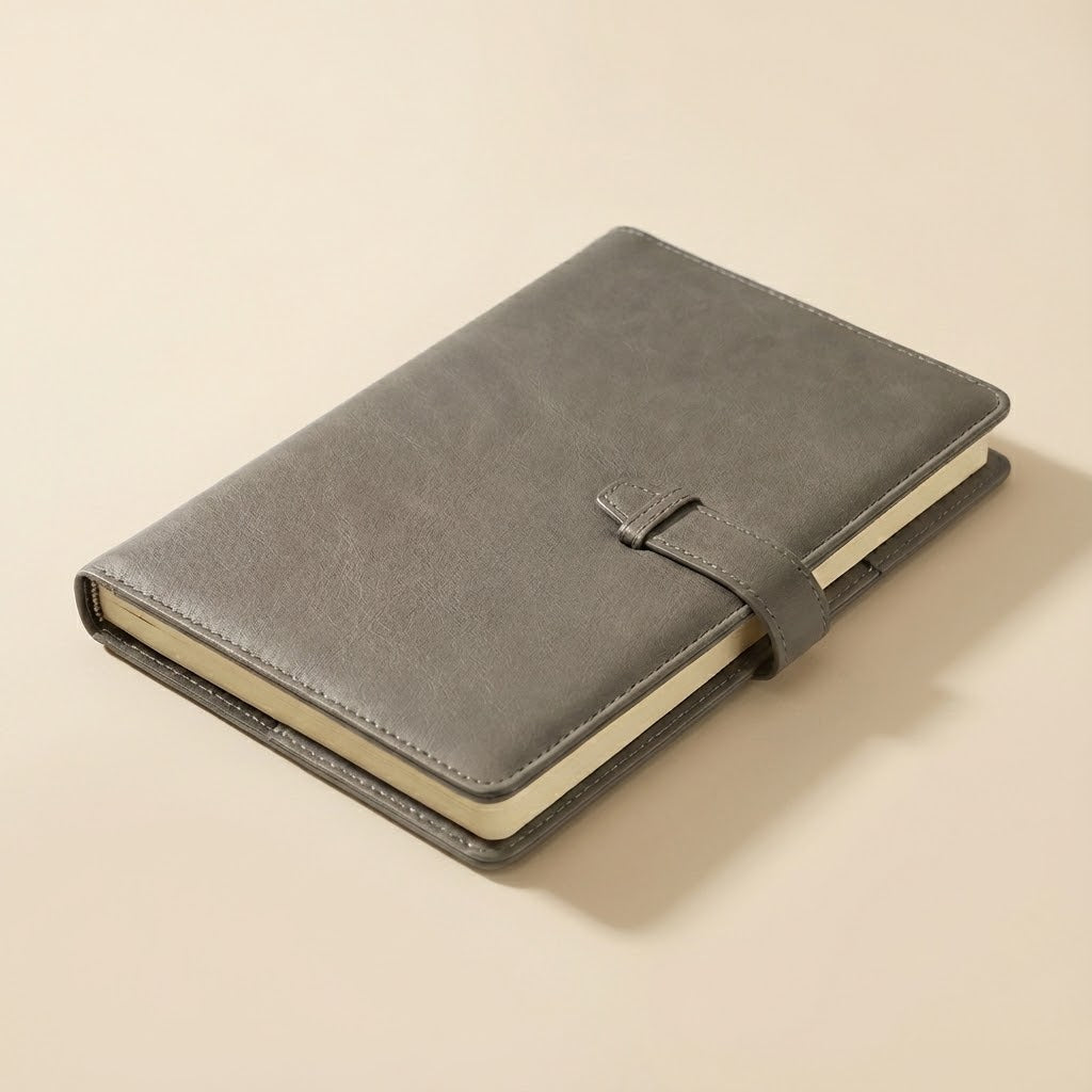 Gray leather-bound notebook on a beige background