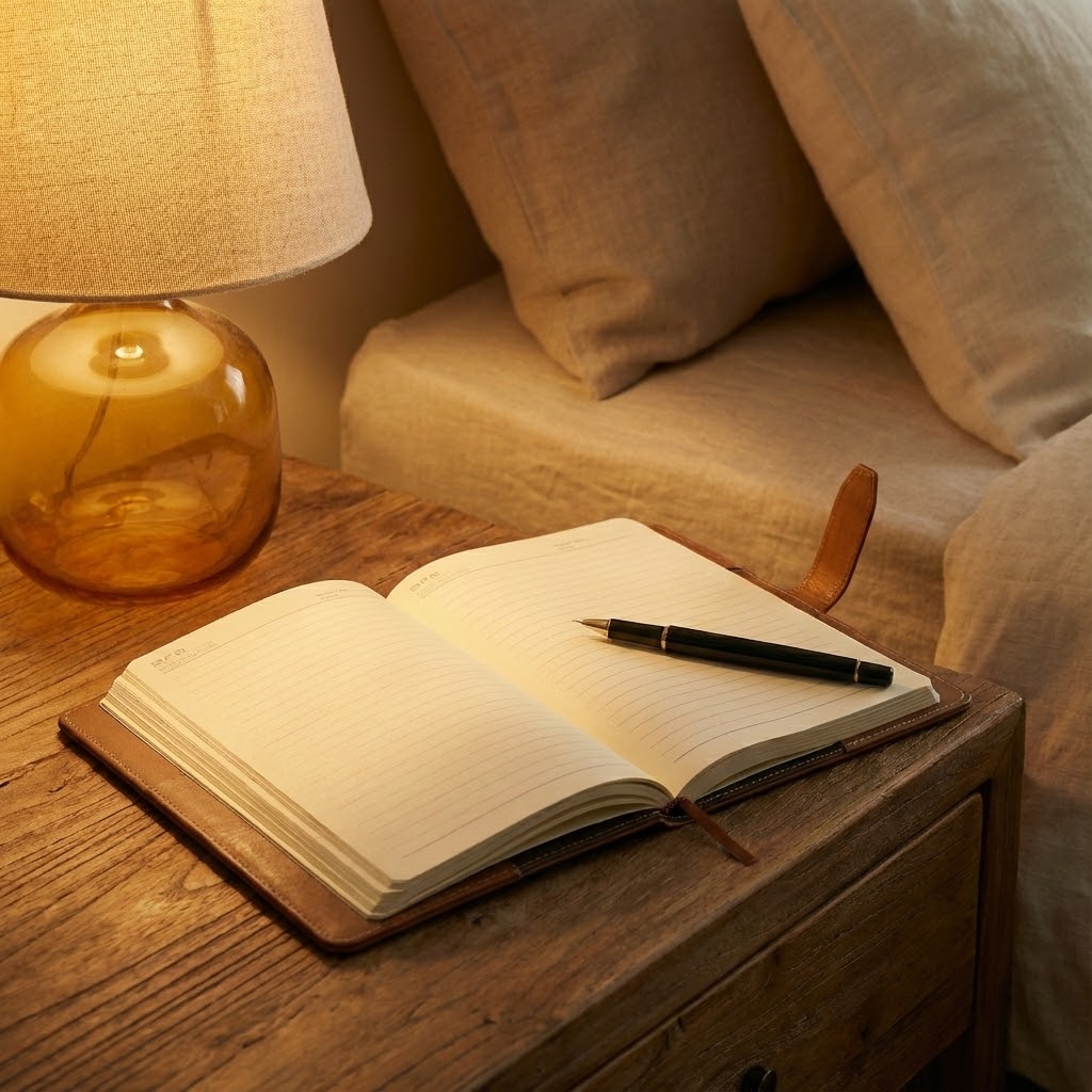 Open notebook with a pen on a wooden nightstand next to a lamp and pillows.