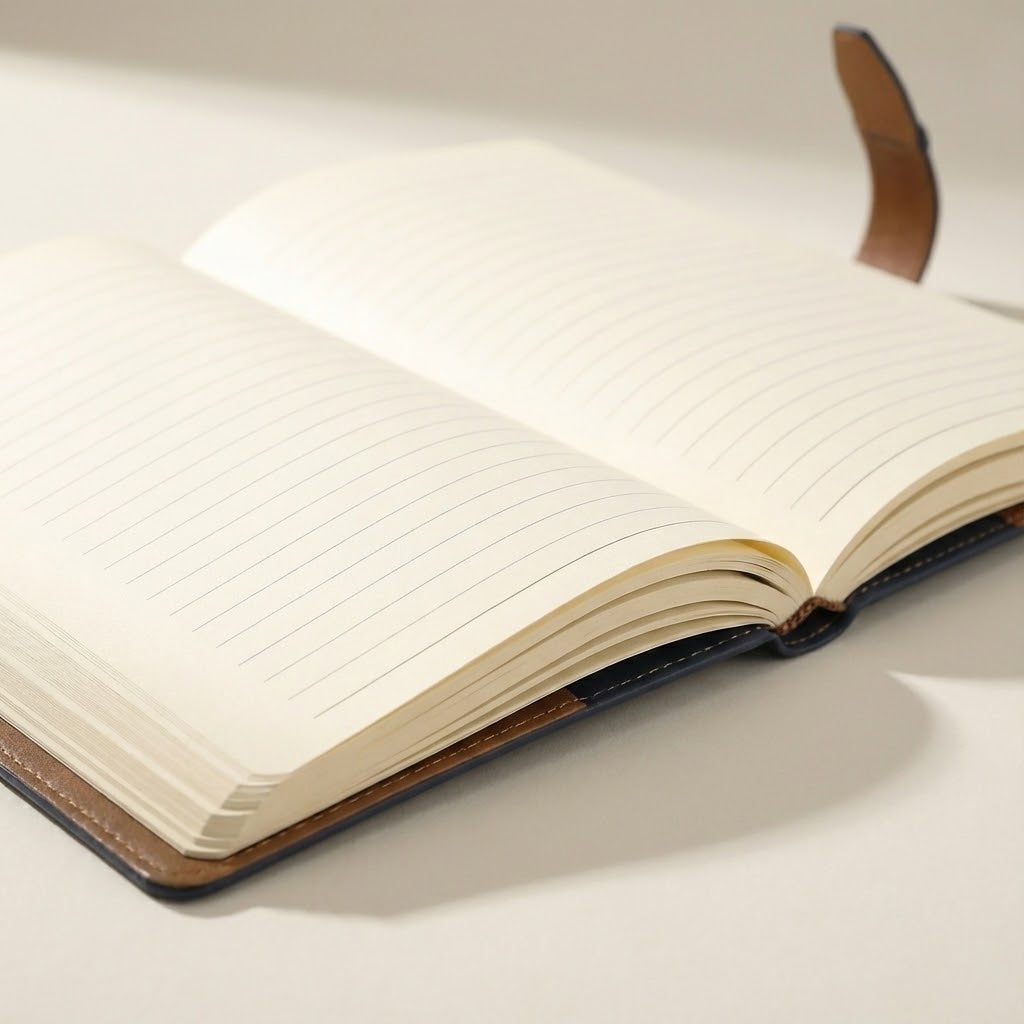 Open notebook with lined pages on a light background