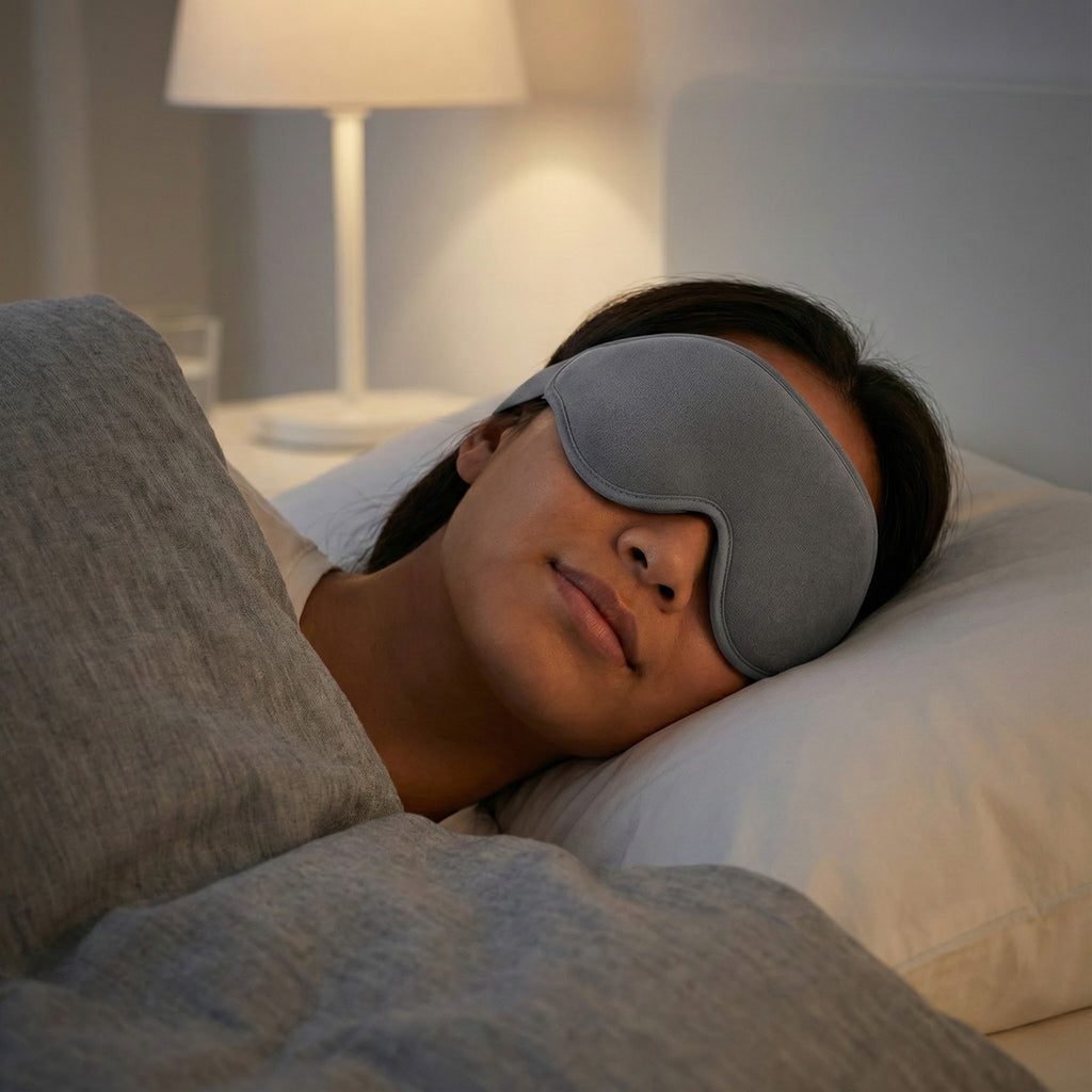 Person lying in bed wearing a gray sleep mask with a softly lit room in the background.