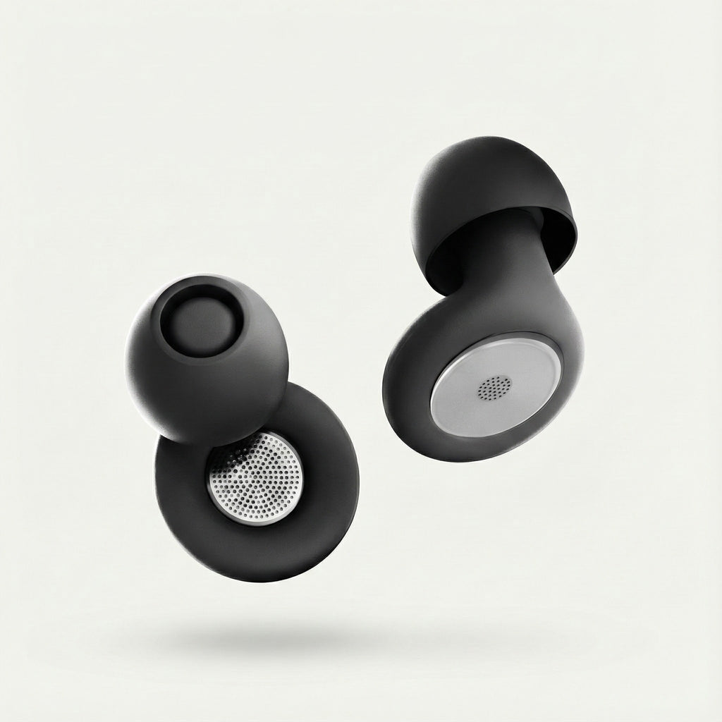 Black wireless earbuds on a light gray background