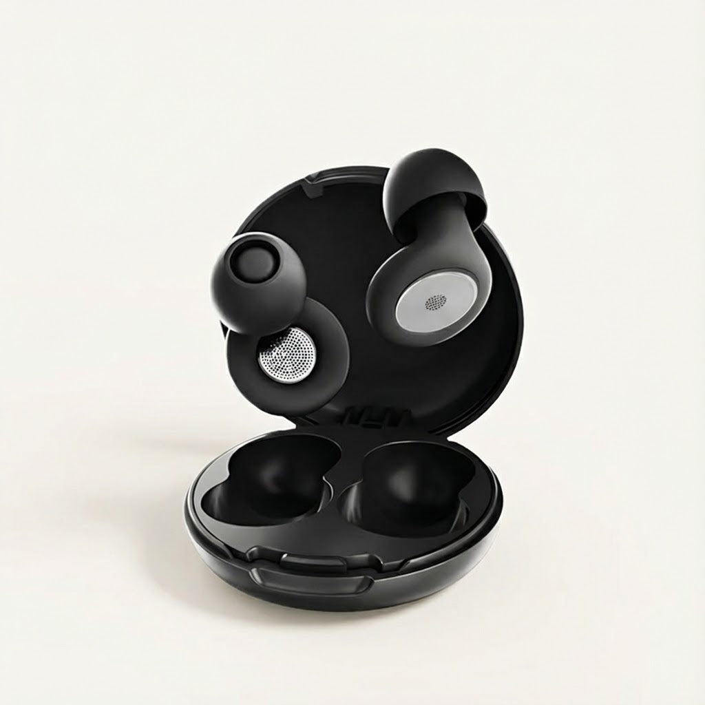 Black wireless earbuds in an open charging case on a light gray background