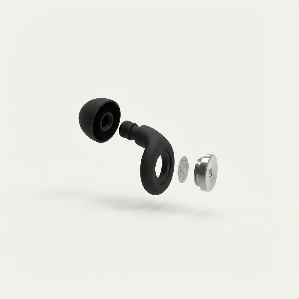 Black earbud components on a white background