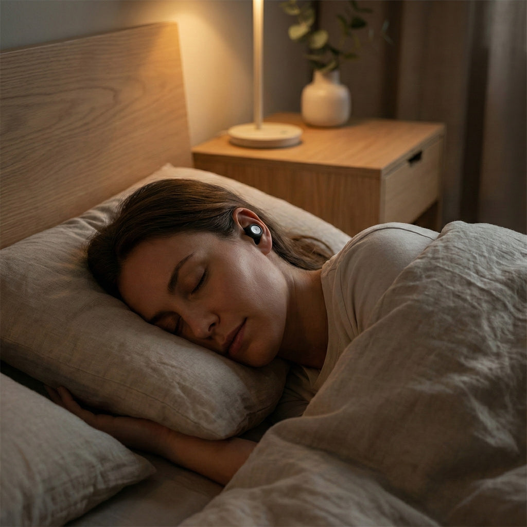 Woman sleeping in a bedroom with a nightstand and lamp in the background
