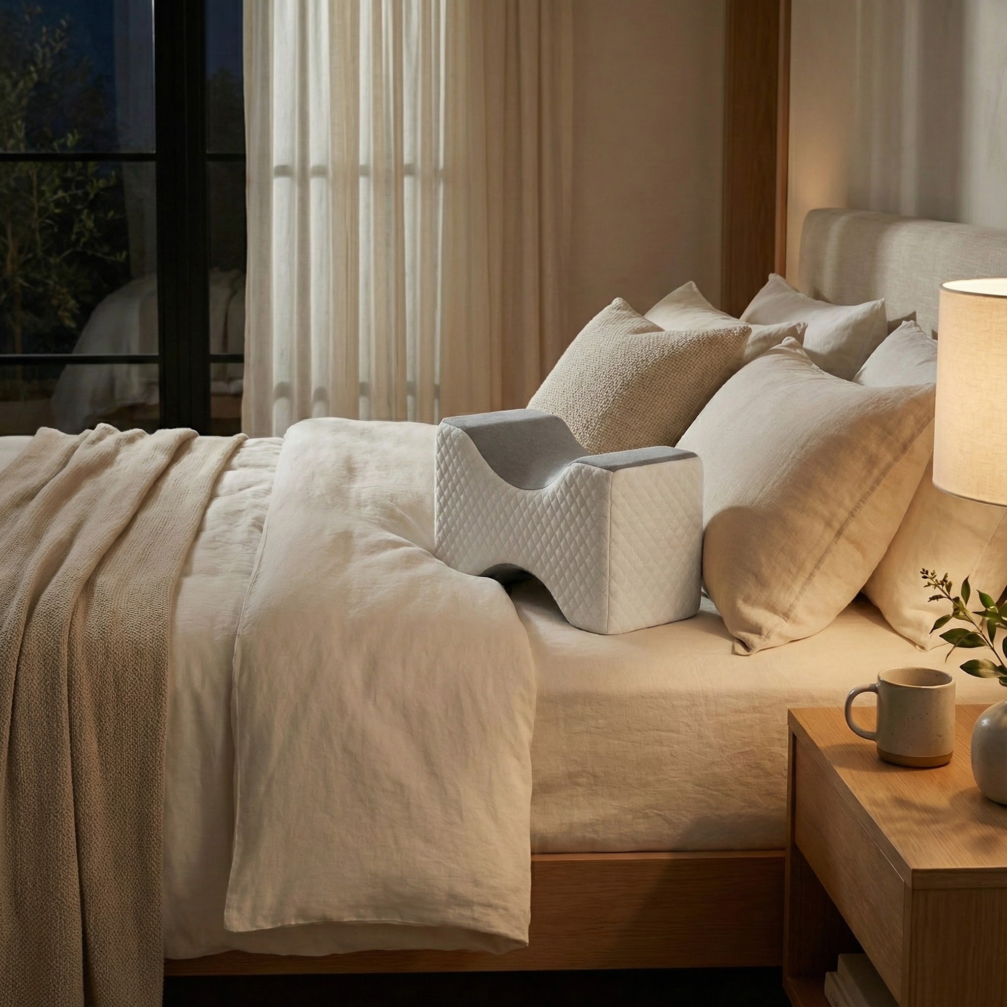 Cozy bedroom with a bed, pillows, and a nightstand with a lamp and mug.