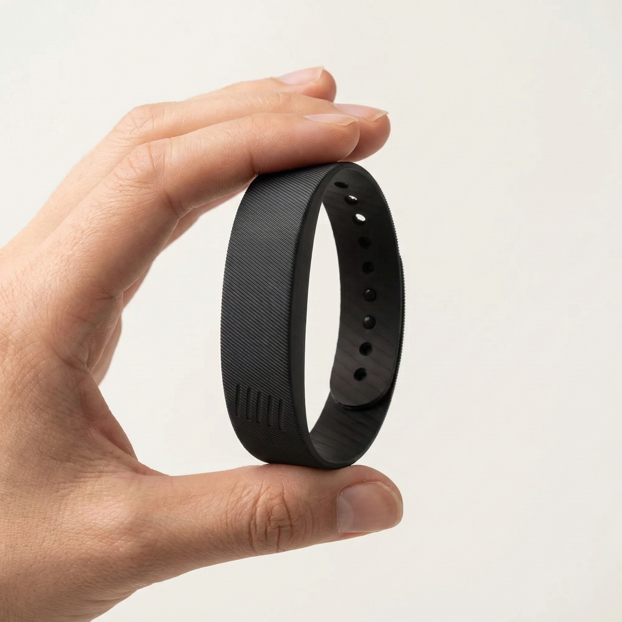 Black fitness tracker band held in a hand against a light background