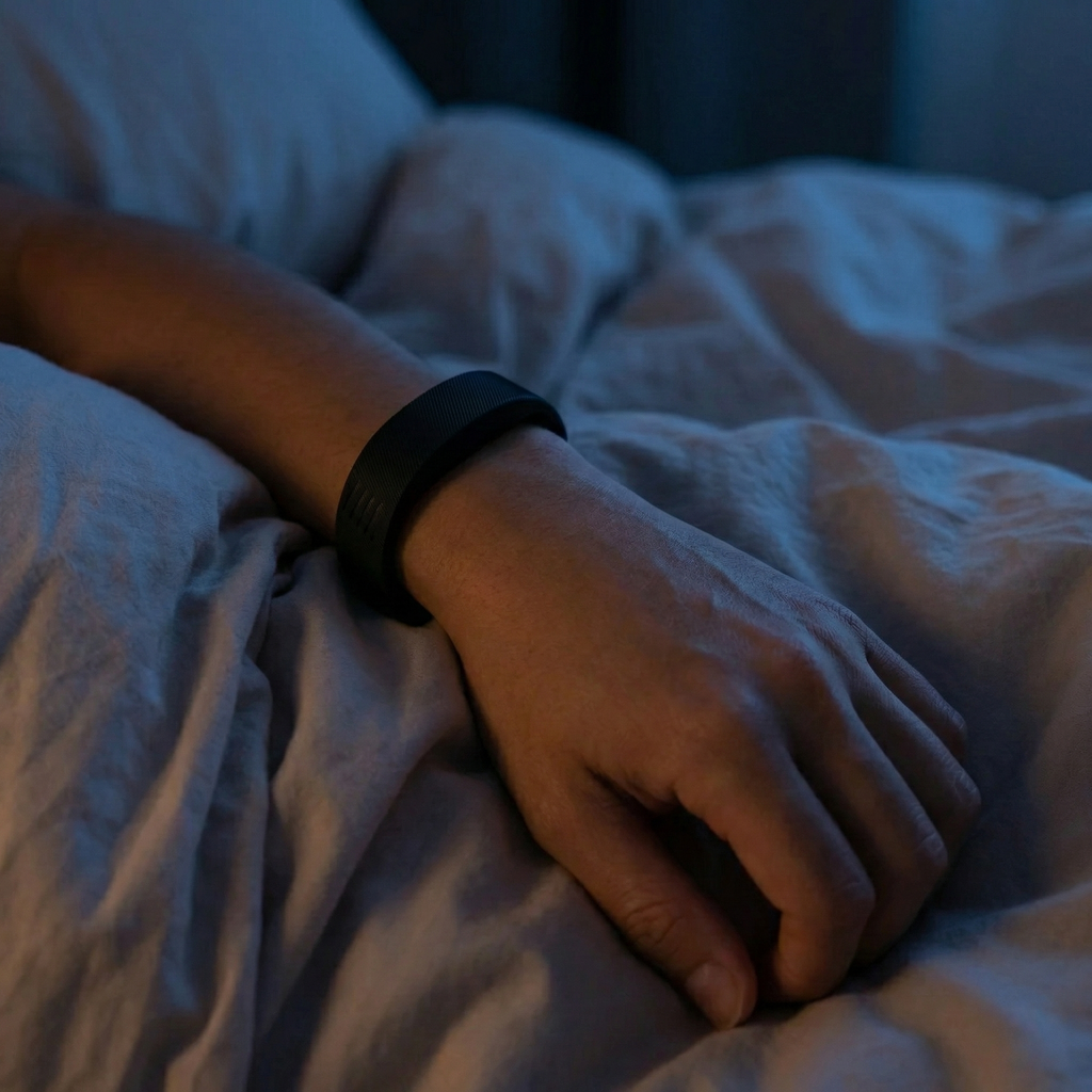 Hand wearing a black wristband on a bed in a dimly lit room