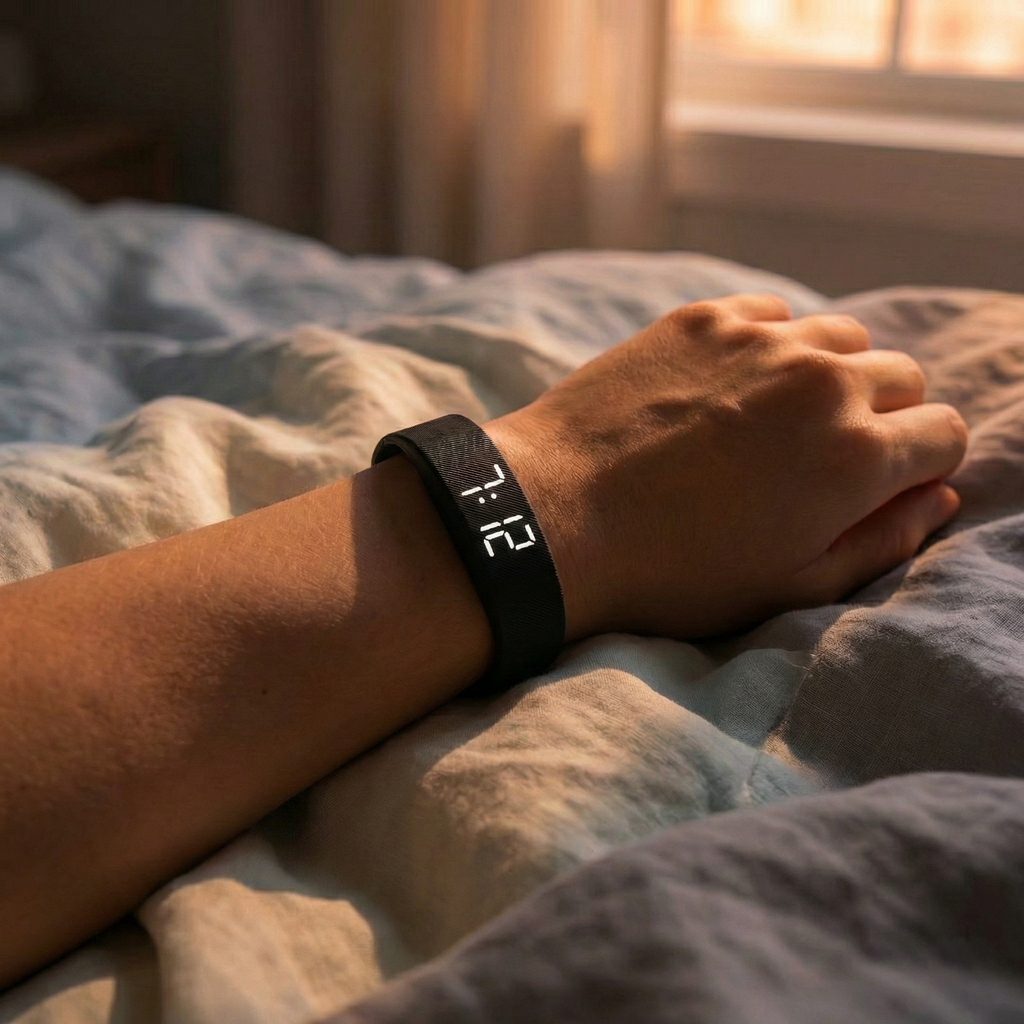 Person lying in bed with a digital fitness tracker on wrist showing the time.